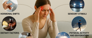 Neurologist consulting female patient with migraine symptoms in clinic