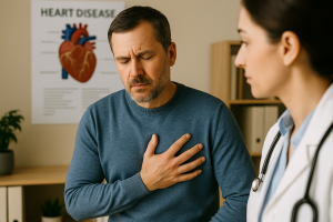 Woman holding chest in discomfort, symbolizing potential heart-related or non-cardiac causes of chest pain.