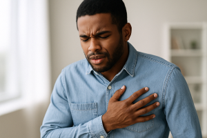 Woman holding chest in discomfort, symbolizing potential heart-related or non-cardiac causes of chest pain.