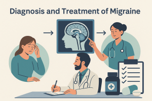 Neurologist consulting female patient with migraine symptoms in clinic