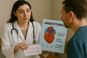 ქალი ექიმი უხსნის არითმიას მამრობითი სქესის პაციენტს გულის დიაგრამის და ეკგ სკანირების გამოყენებით