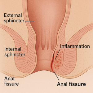 Anal fissür tıbbi çizimi, anal kanaldaki yırtığın yerini gösteriyor