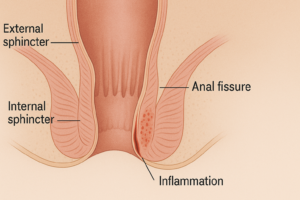 Anal fissür tıbbi çizimi, anal kanaldaki yırtığın yerini gösteriyor