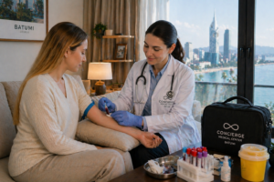Doctor collecting blood sample during home visit in Batumi